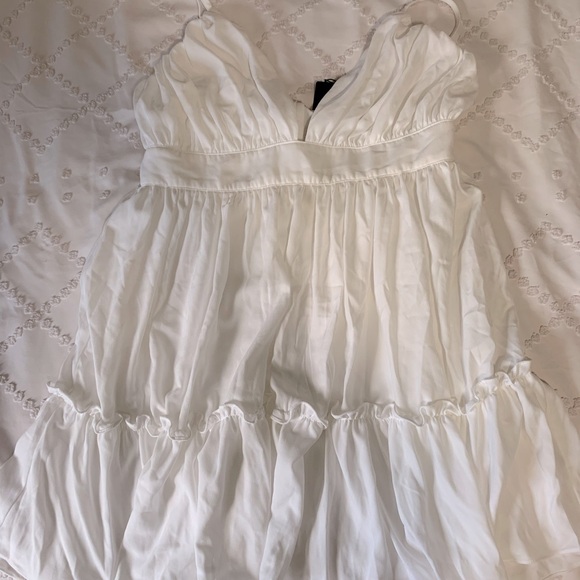 Pretty Little Things White Ruched Frill Detail Strappy Skater Dress - Picture 2 of 5
